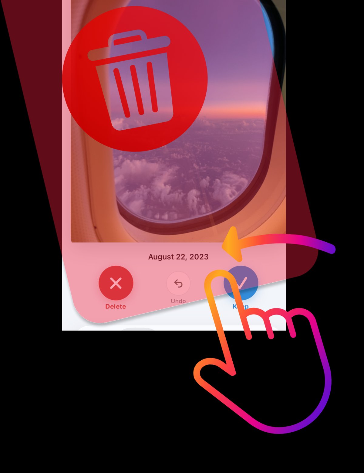 Swiping left to delete a photo, shown with a red trash overlay
