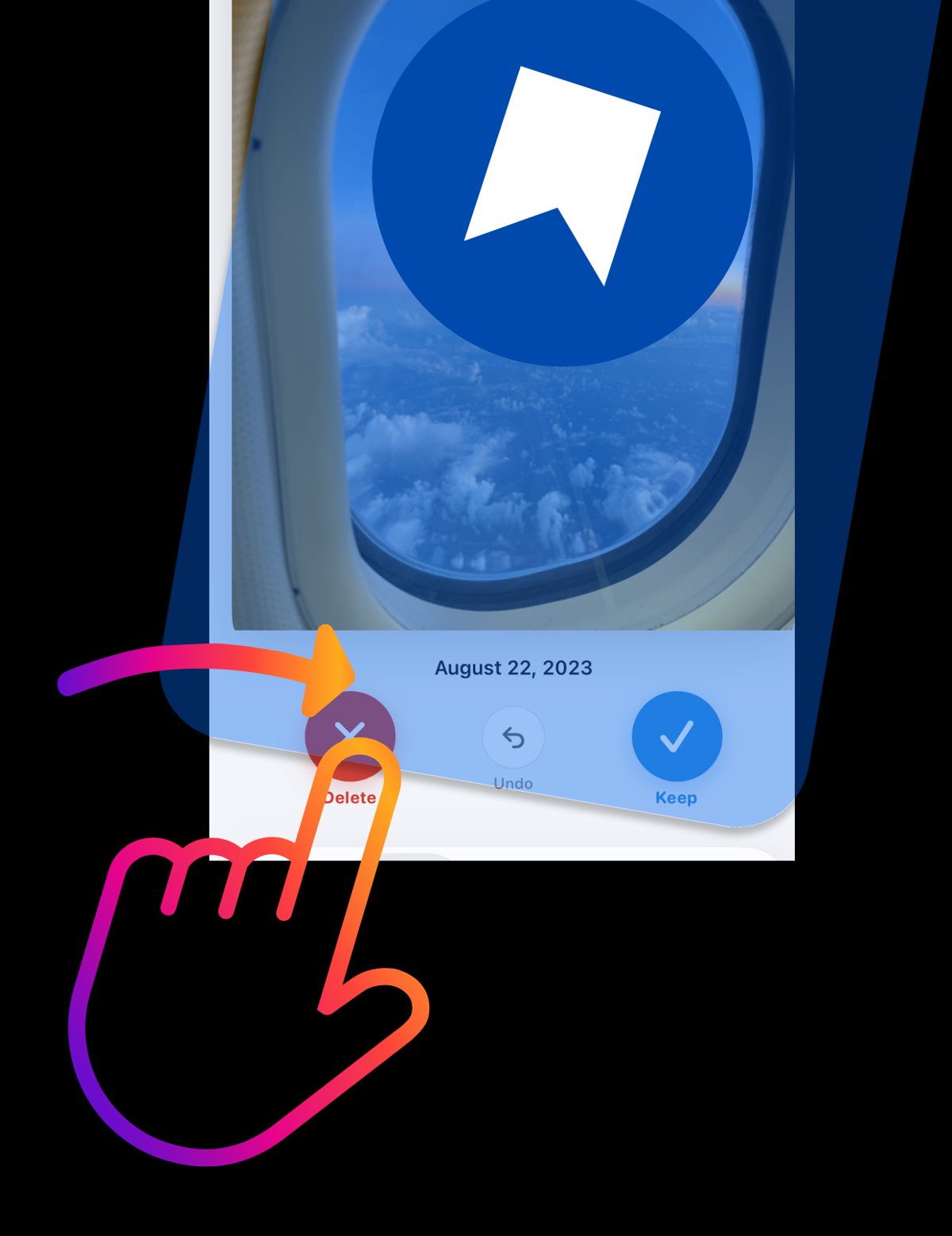 Swiping right to keep a photo, shown with a blue bookmark overlay