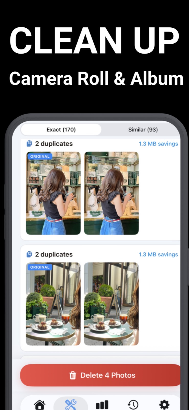 Duplicate photo finder showing exact and similar photo groups on iPhone