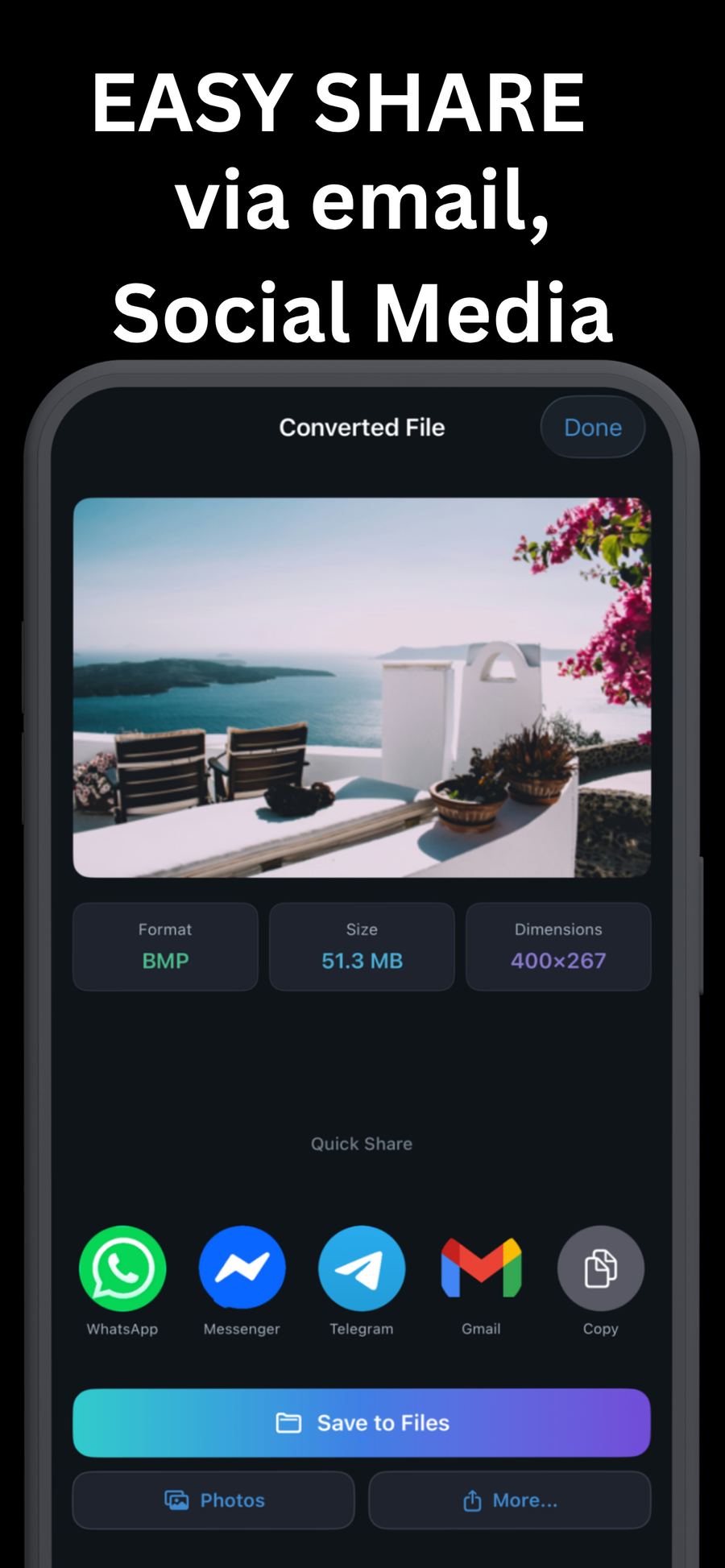 Converted file ready to share via WhatsApp, Messenger, Telegram, Gmail or save to Files