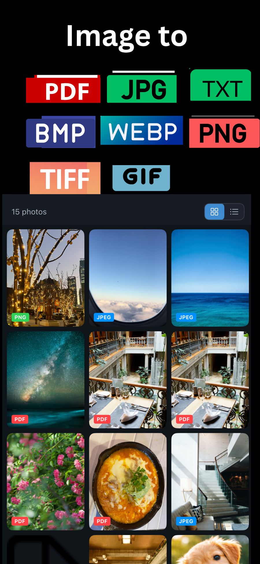 Photo gallery with PDF, JPEG and PNG output badges — eight output formats supported