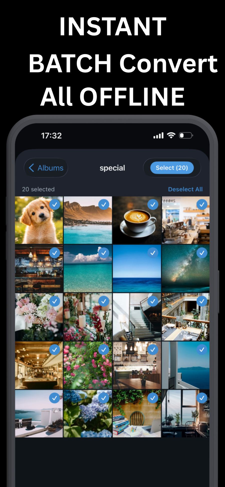 Batch selecting 20 photos from an album for offline HEIC conversion