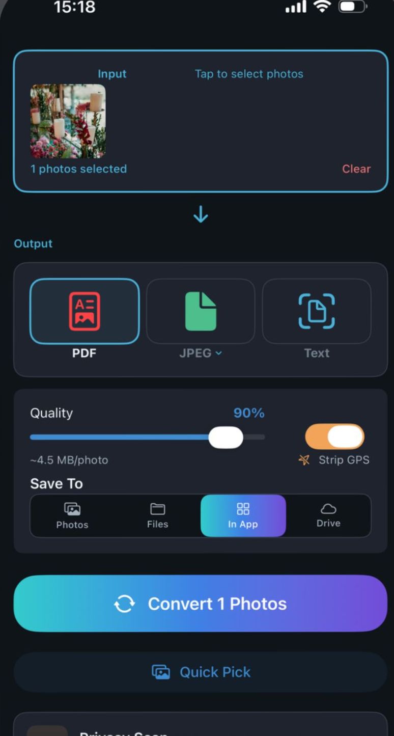 One-tap HEIC convert screen with format choice, quality slider and save destinations
