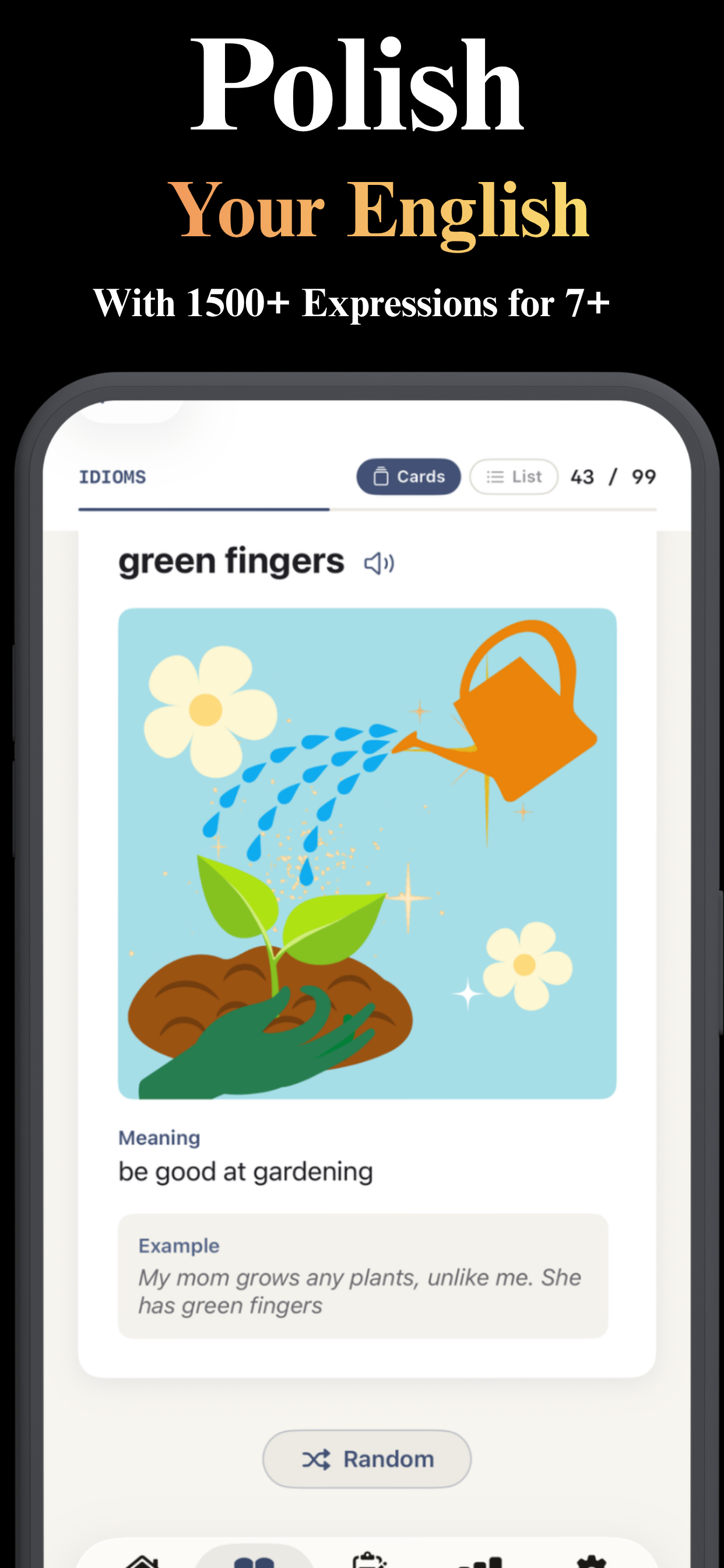 Illustrated idiom card: green fingers, with meaning and example