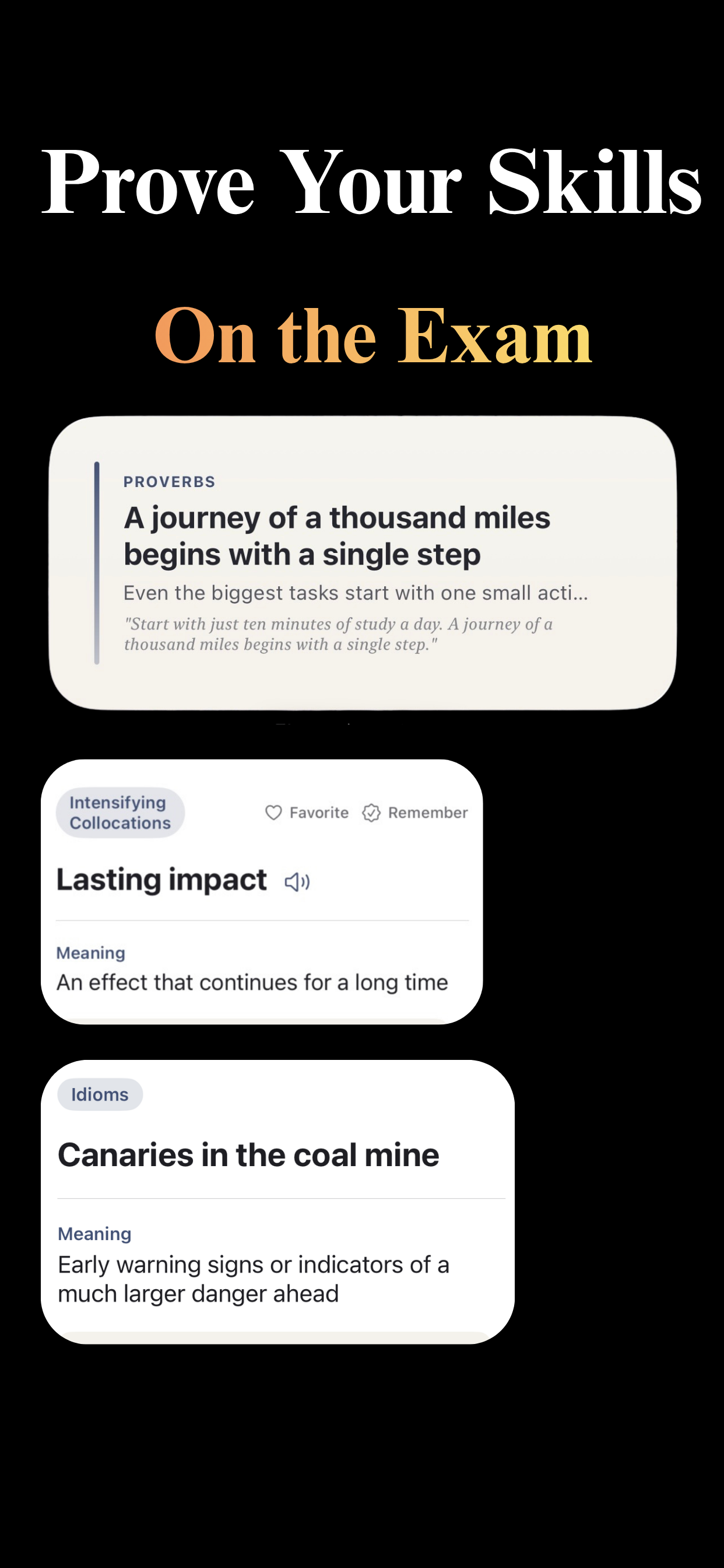 Category cards for proverbs, intensifying collocations, and idioms