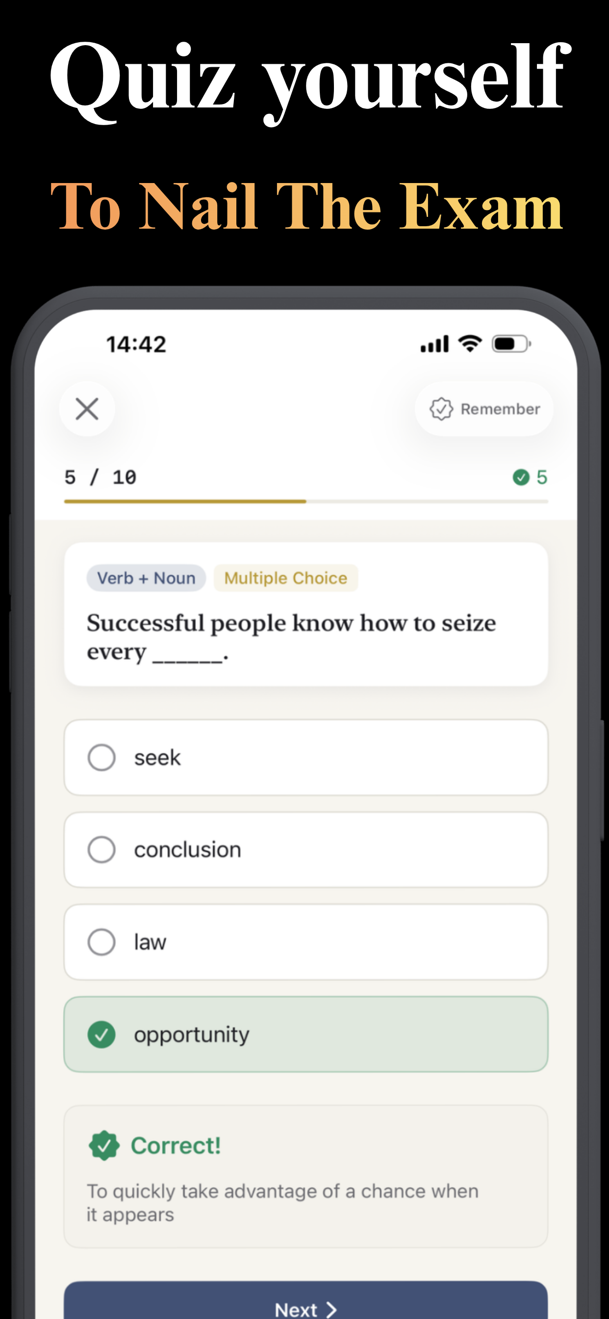 Multiple-choice IELTS vocabulary quiz with instant feedback
