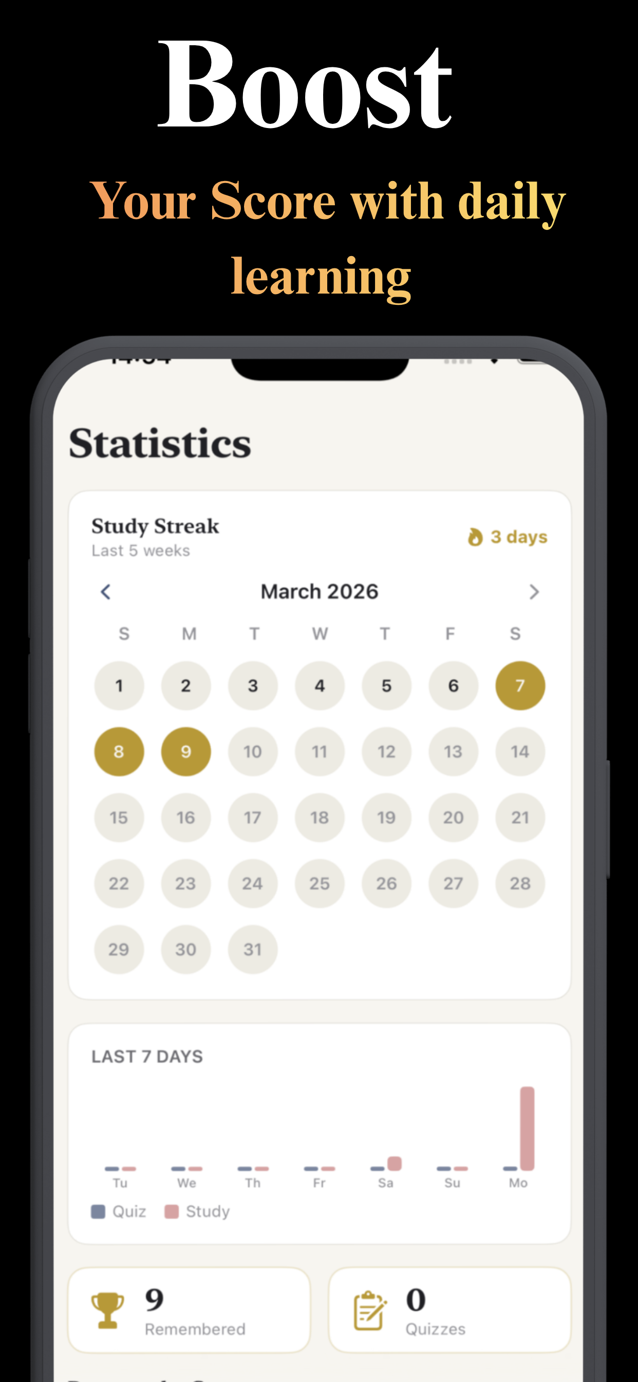 Study streak calendar and performance statistics