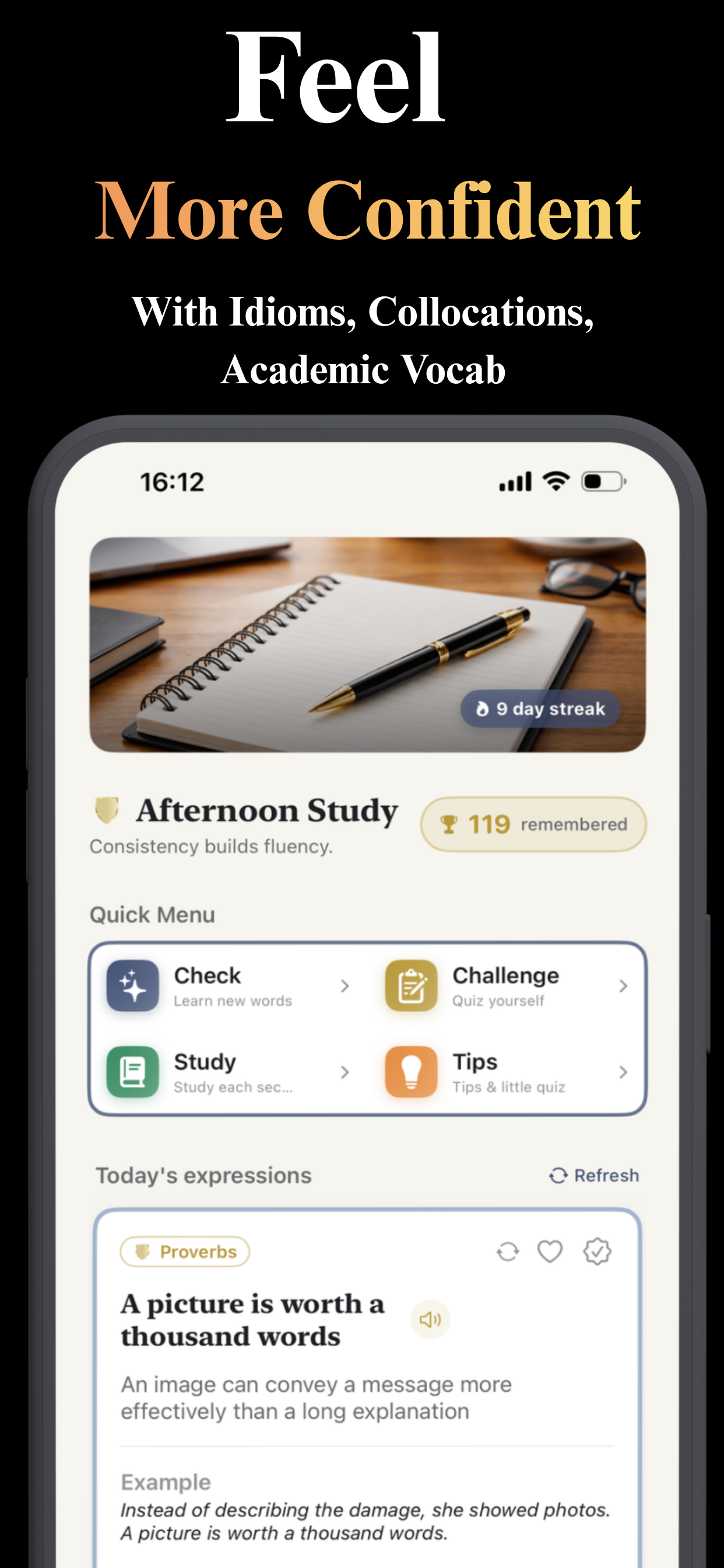 IELTS Idiom & Vocab Master home screen showing daily expressions, study streak, and quick menu