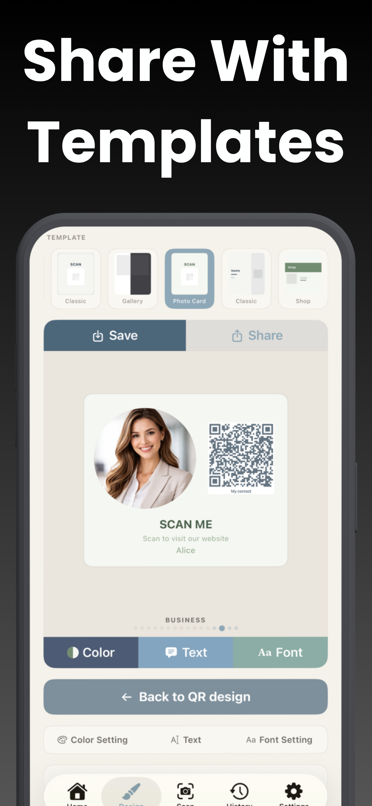 Business card template with a photo and contact QR code
