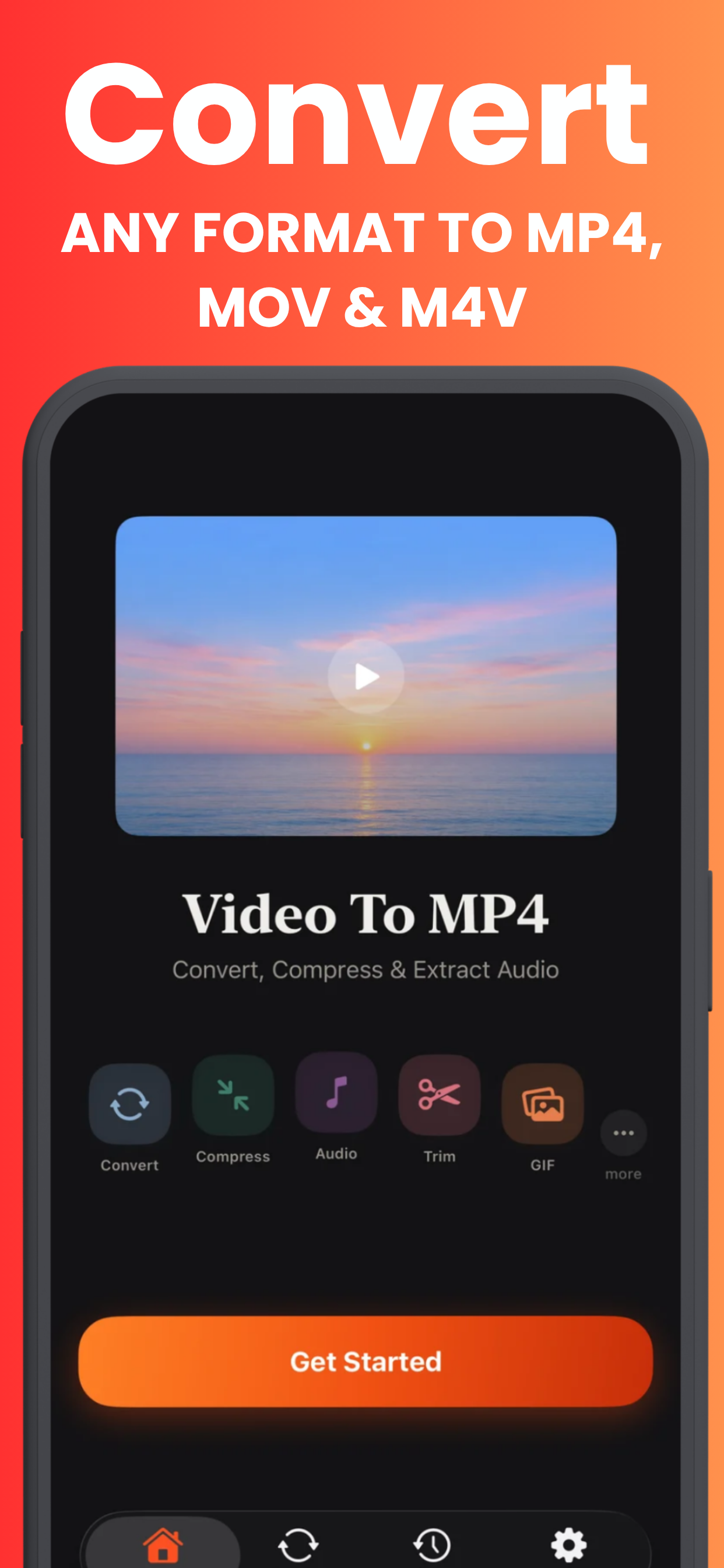Video To MP4 home screen with convert, compress, audio, trim and GIF tools