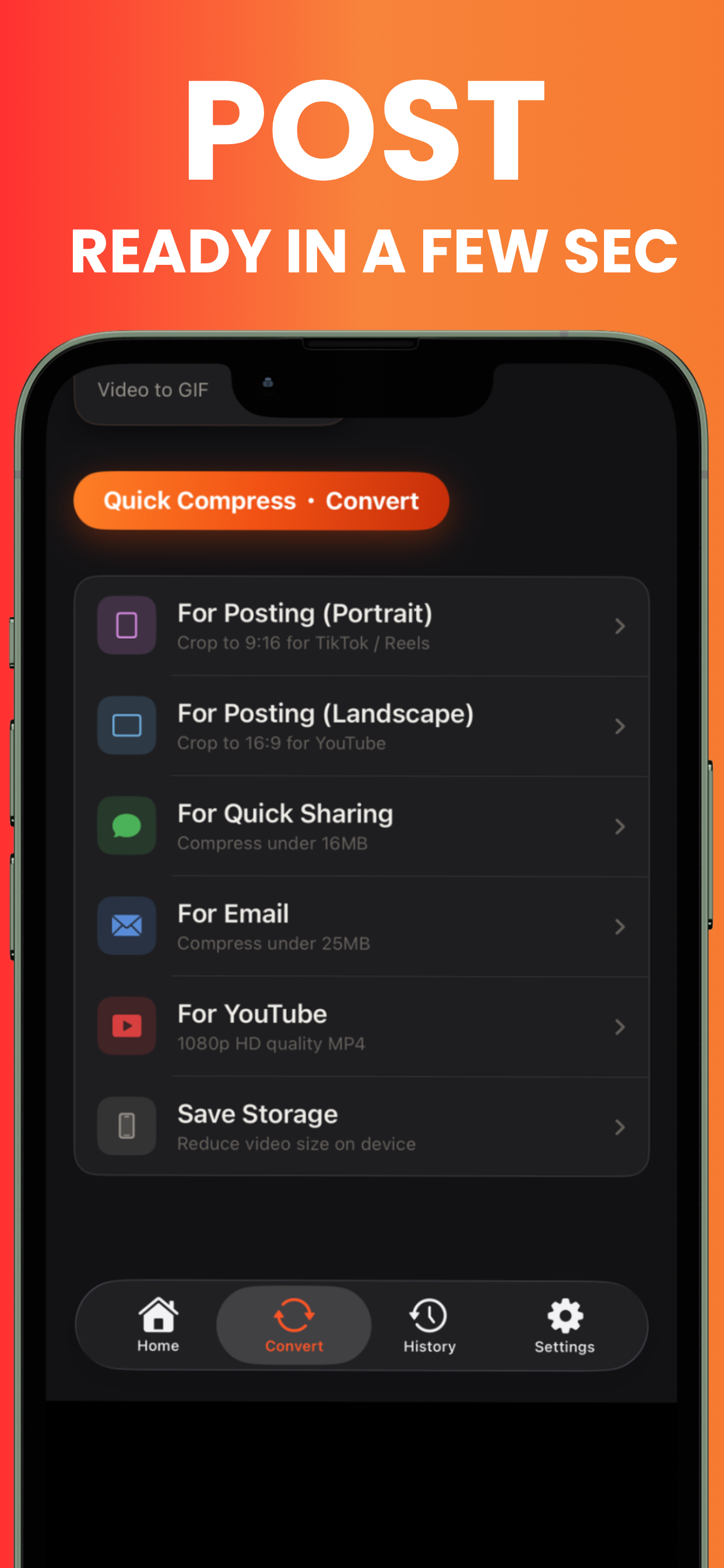 One-tap presets: portrait for TikTok and Reels, landscape for YouTube, quick sharing