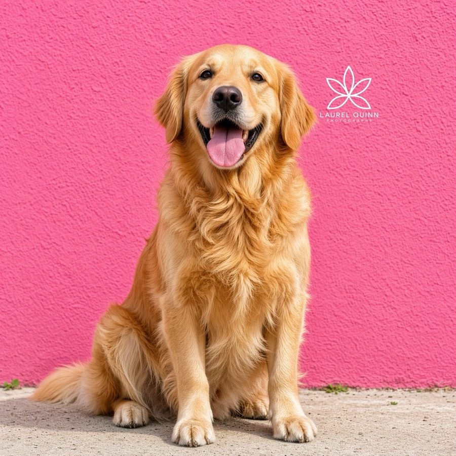 A client photo of a golden retriever watermarked with a photography studio logo