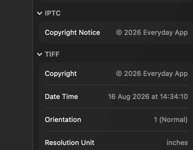 A photo's information panel showing the copyright details saved inside the file