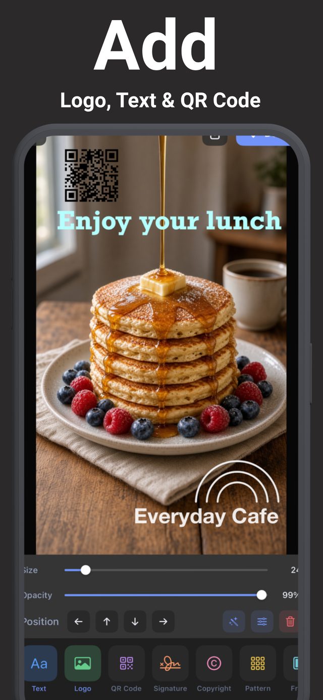Adding a logo, text and QR code to a food photo
