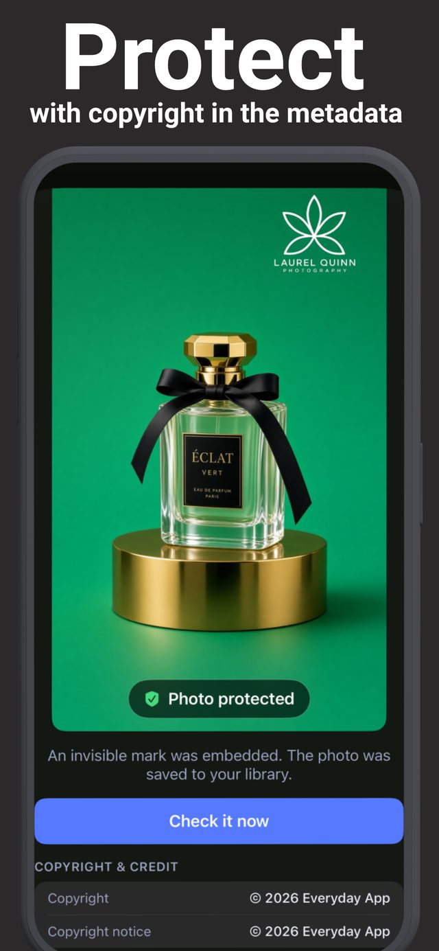 Invisible watermark protection confirmed on a product photo