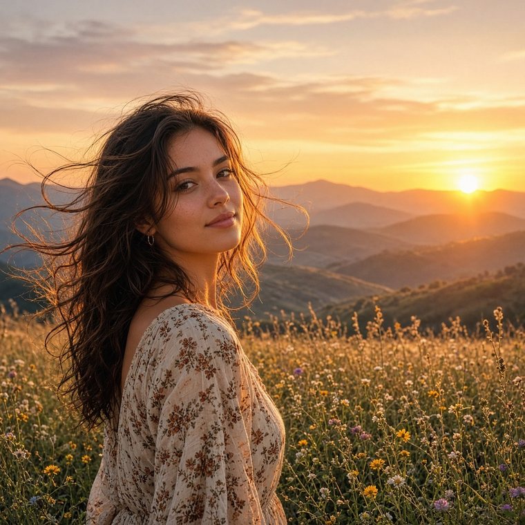 A portrait in a wildflower field with a logo watermark being added