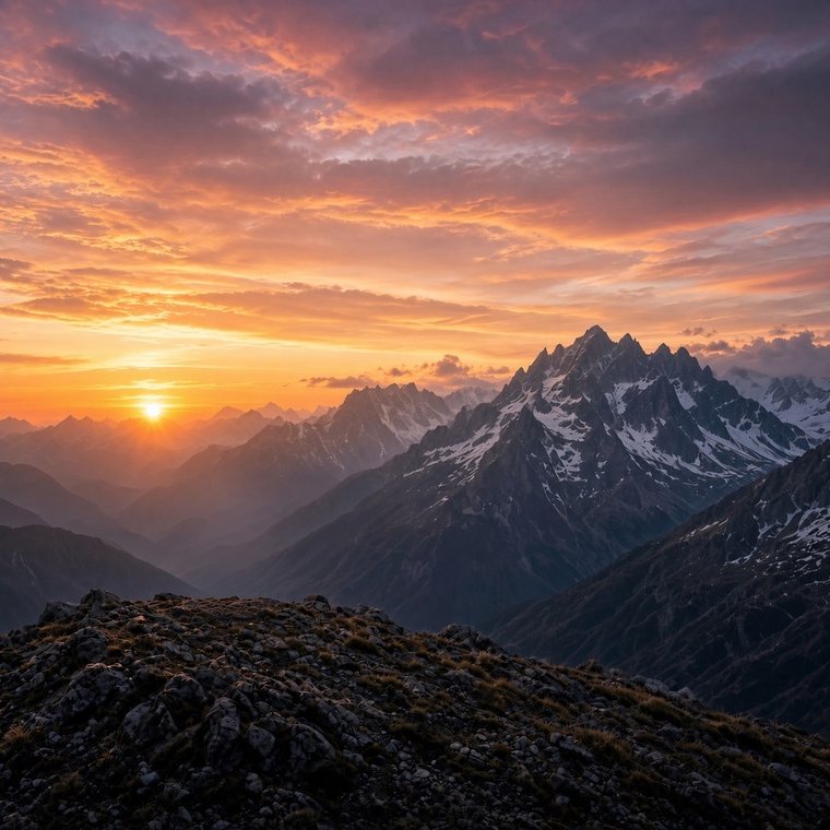 A mountain sunrise photo with a handwritten signature watermark being added