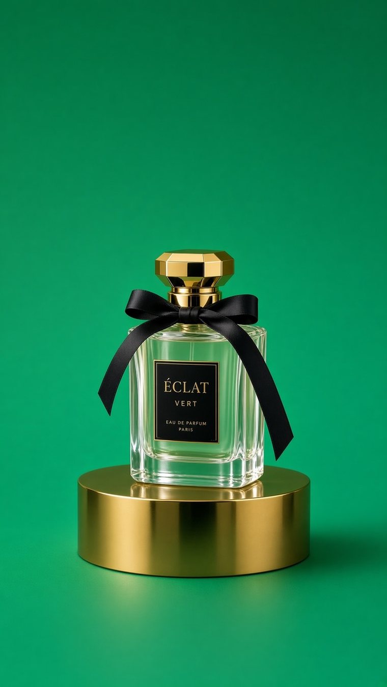 A perfume product photo with a logo, frame and date stamp being added