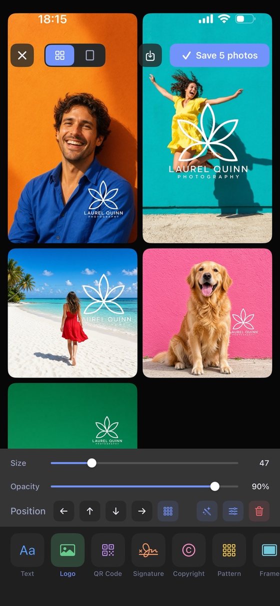 The app's editor placing one logo across five photos at once