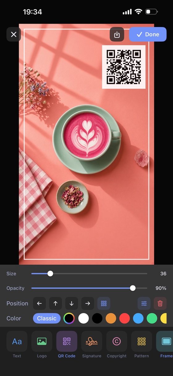 A QR code and frame being added to a photo in the editor